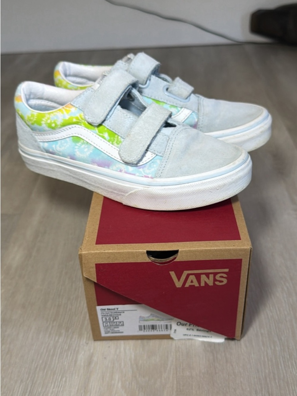 Vans Kids Old Skool Velcro Sneakers - Light Gray with Pastel Tie-Dye